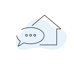 Sprechblasen-Symbol mit drei Punkten in schwarzer Farbe vor einem hellblauen, wellenförmigen Hintergrund.