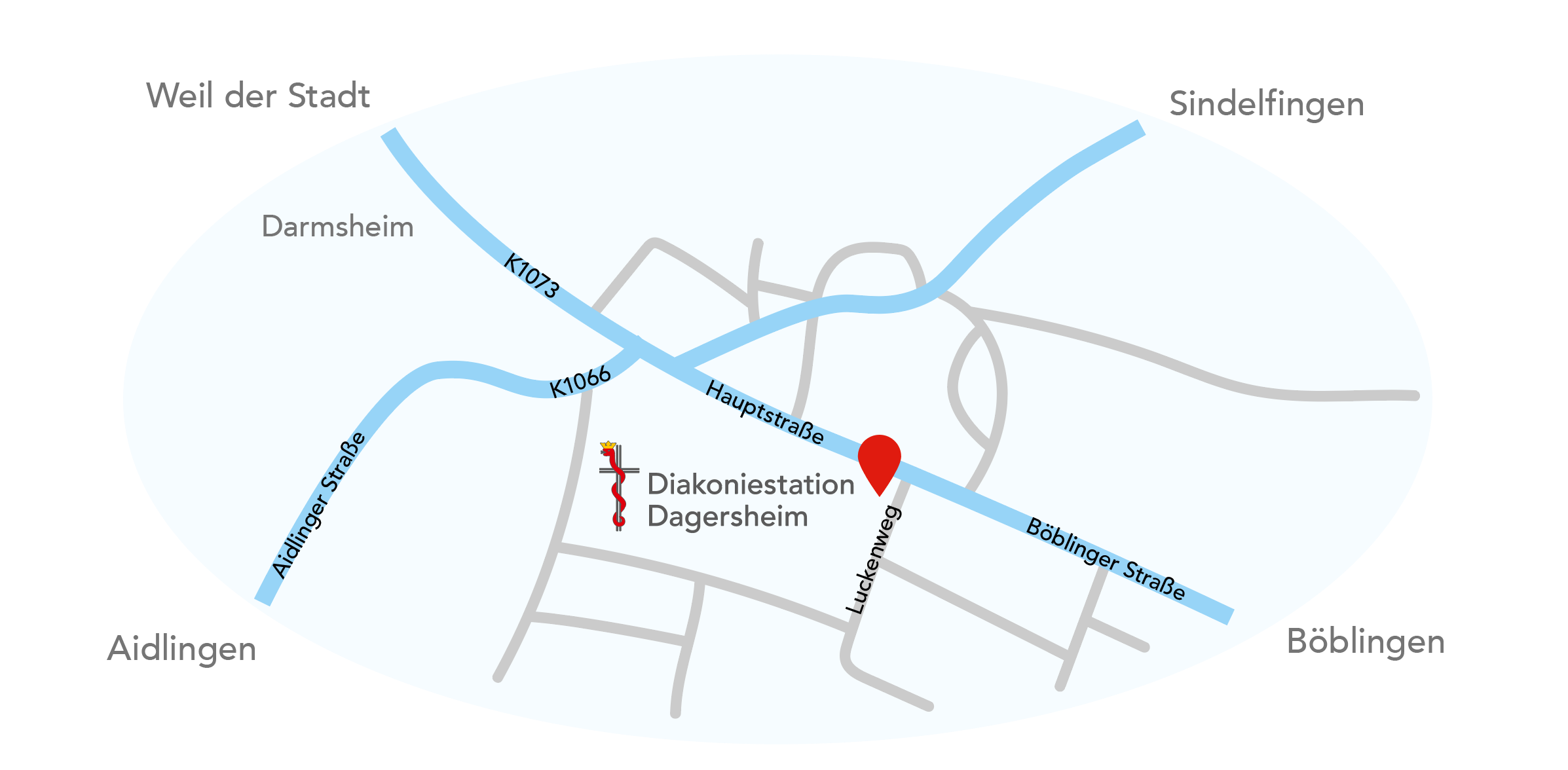 Karte, die den Standort der Diakoniestation Dagersheim gGmbH zeigt, sie befindet sich in der Hauptstraße in Böblingen-Dagersheim, die Kennzeichnung erfolgt durch einen roten Pin auf der Karte.